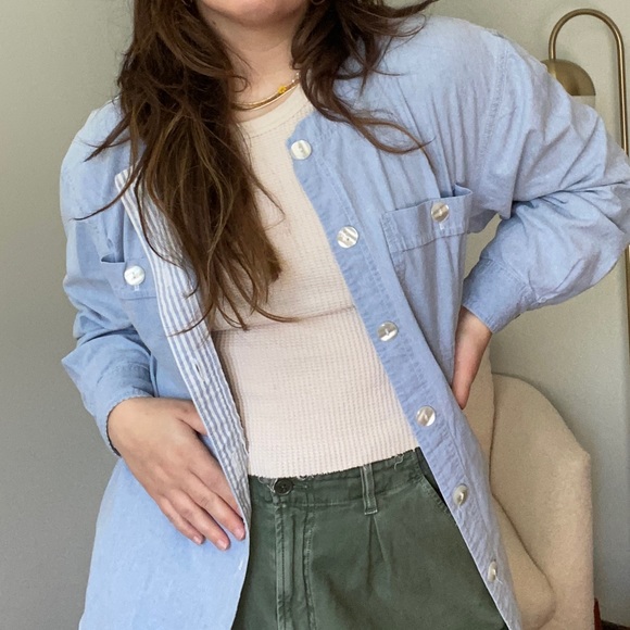 Vintage Chambray Collarless Smock Oversized Button Down - Picture 9 of 11